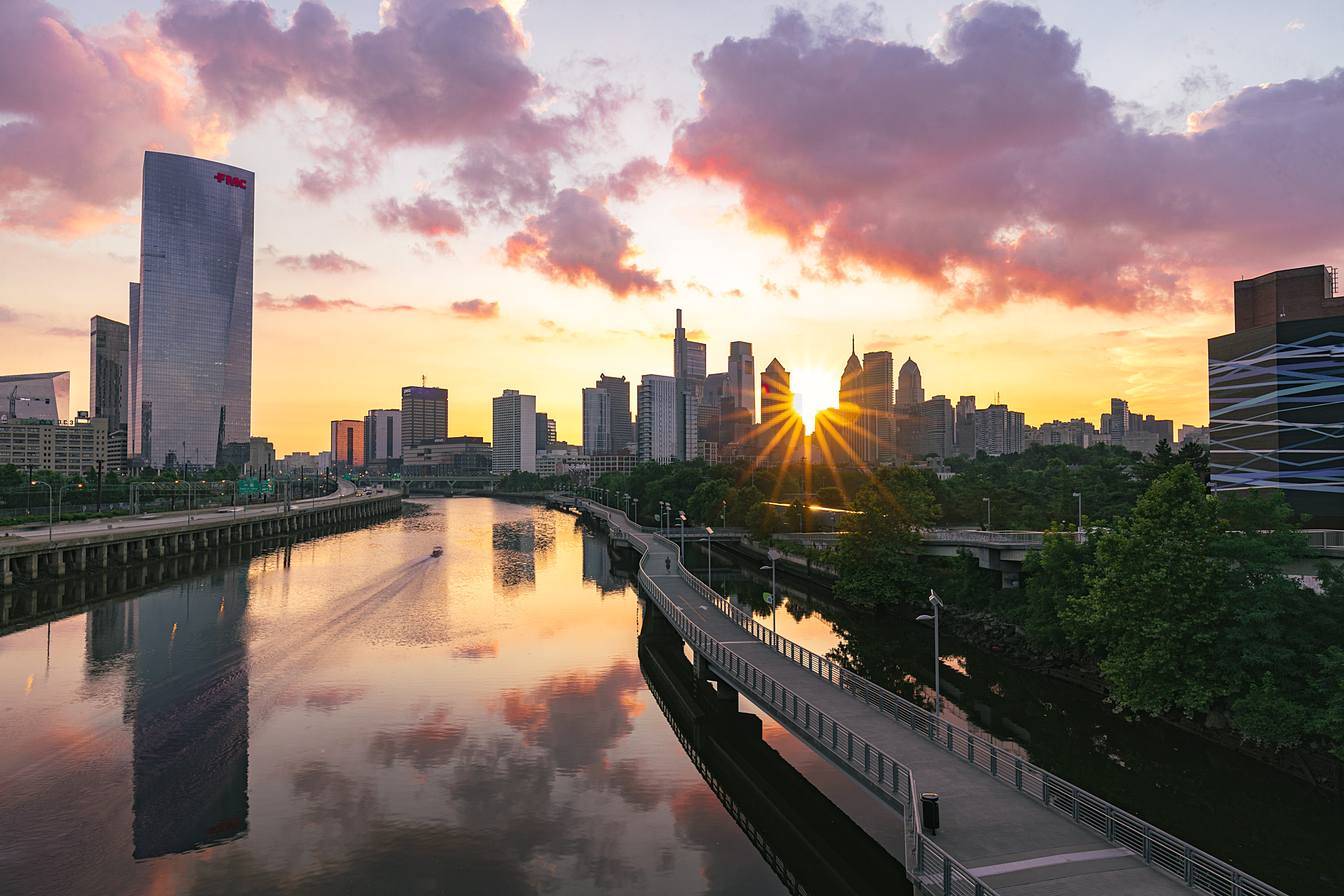 Philadelphia skyline from South Street Bridge at sunrise