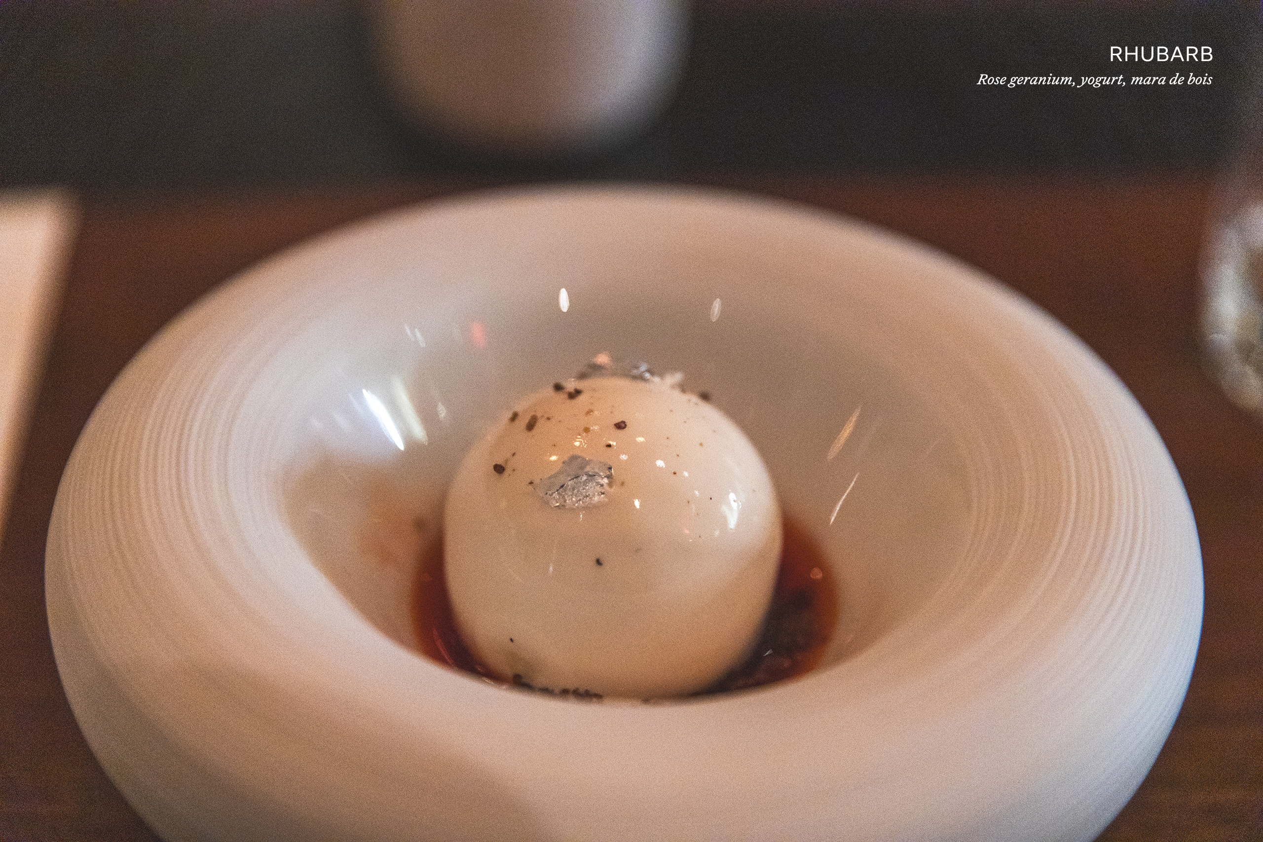 Rhubarb with rose geranium, yogurt, and mara de bois