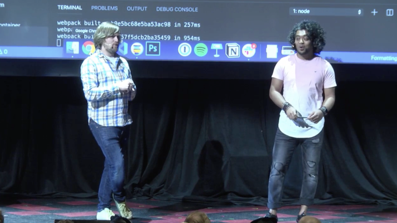 Designer Dan Mall and developer Brad Frost on stage together at Smashing Conference NYC 2019